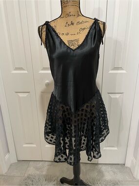 Vintage Black Satin & Lattice Chemise Slip with Tie Straps